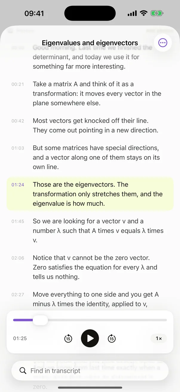 A lecture's transcript in Cathedra, every line timestamped, with the line now playing highlighted
