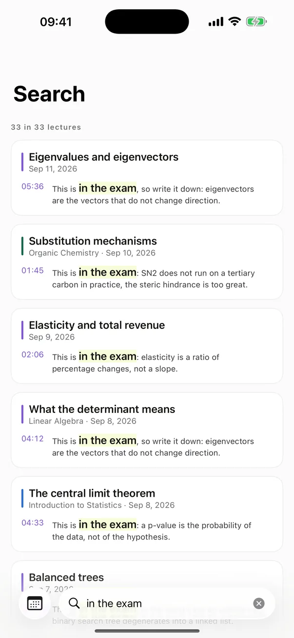 Search results in Cathedra: one phrase found in every lecture of the term