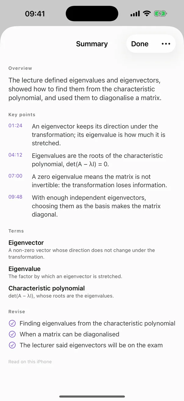 A lecture summary in Cathedra: an overview, the key points with the moment each was said, and the terms