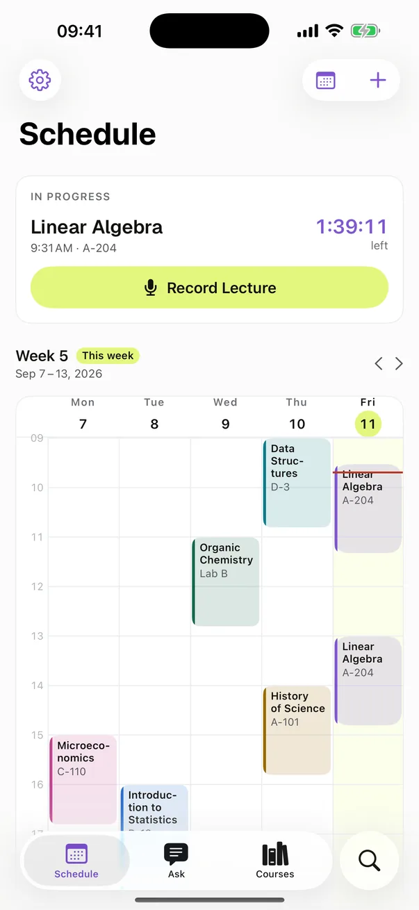 Cathedra's Today screen: this week's timetable, the class in progress and a button to record it