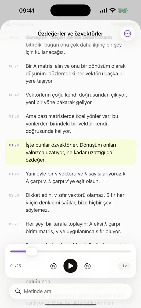 Cathedra'da bir dersin metni: her satır zaman damgalı, çalan satır vurgulu
